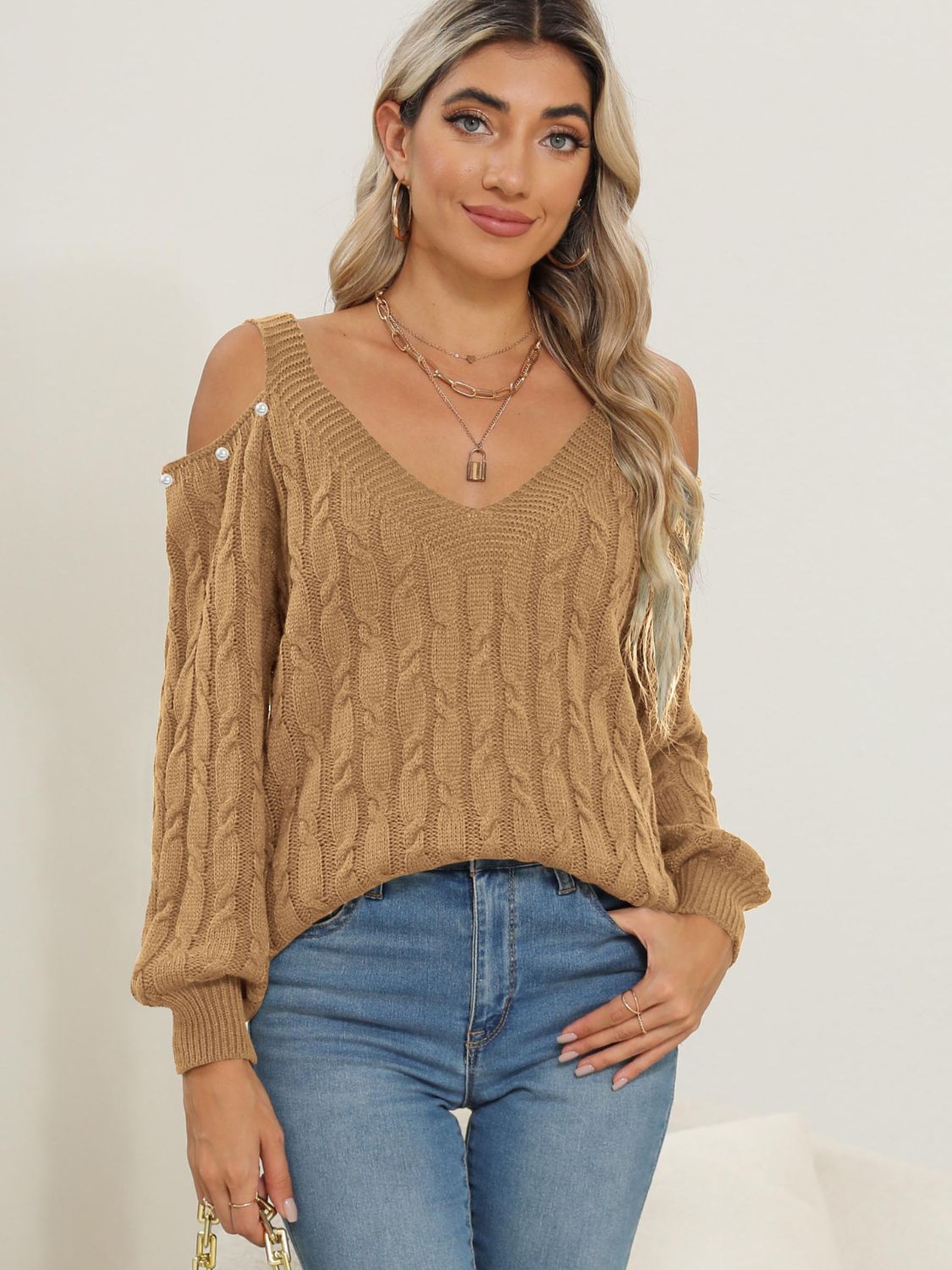 Cable - Knit Cold Shoulder Sweater - Loulou Boutique
