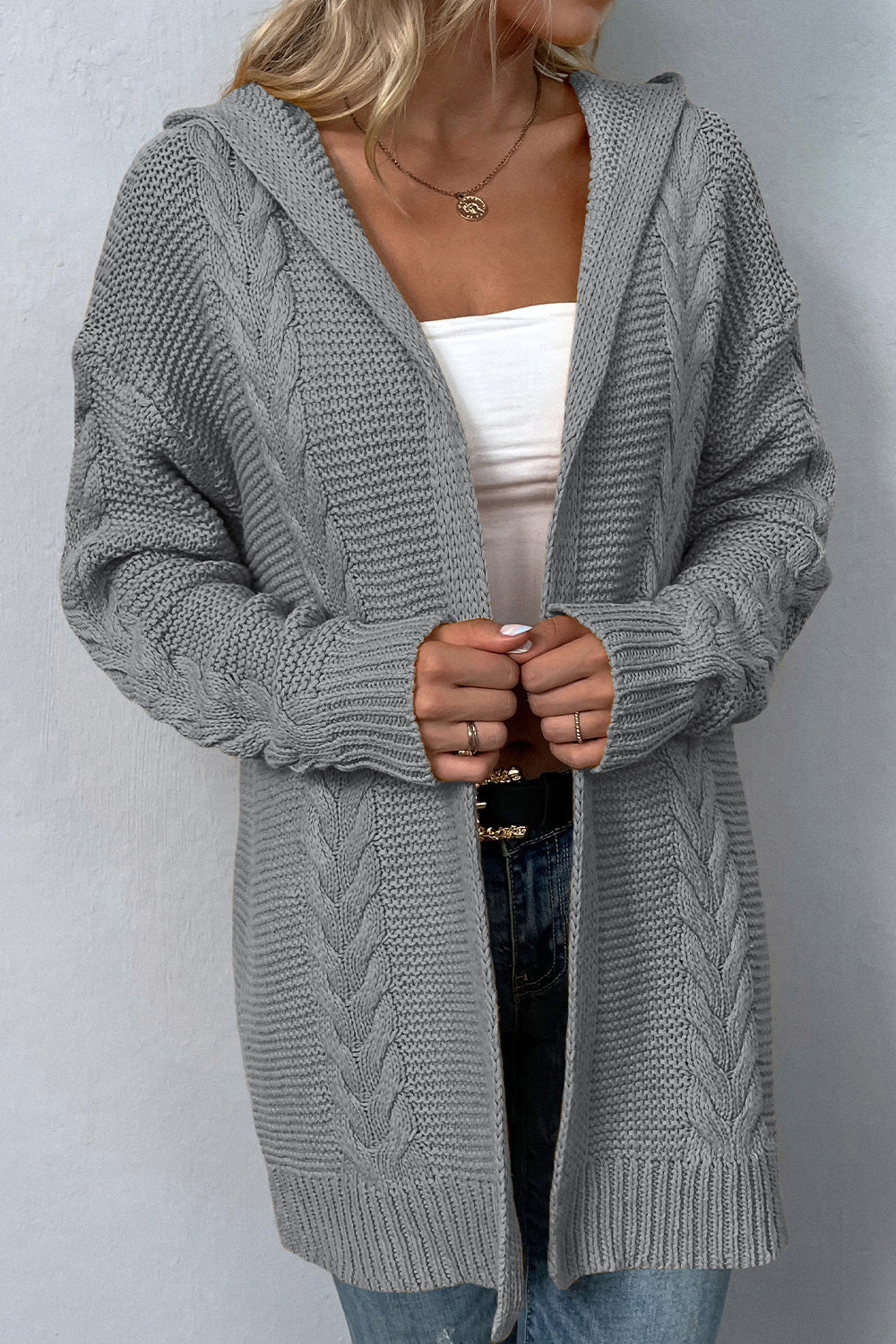 Cable - Knit Dropped Shoulder Hooded Cardigan - Loulou Boutique