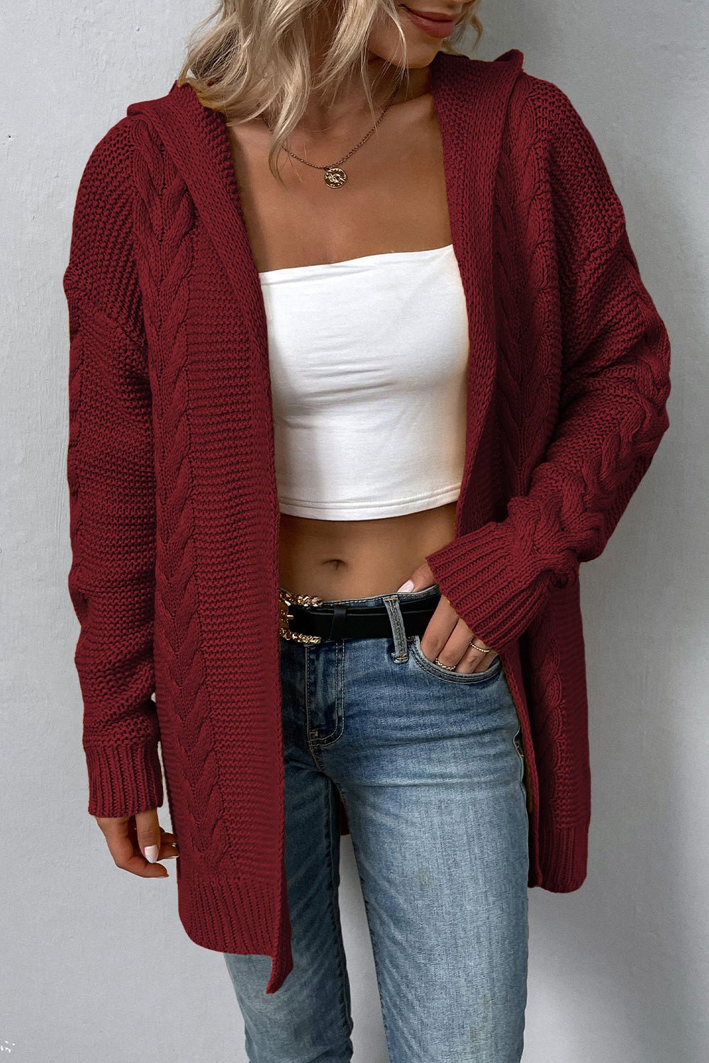 Cable - Knit Dropped Shoulder Hooded Cardigan - Loulou Boutique