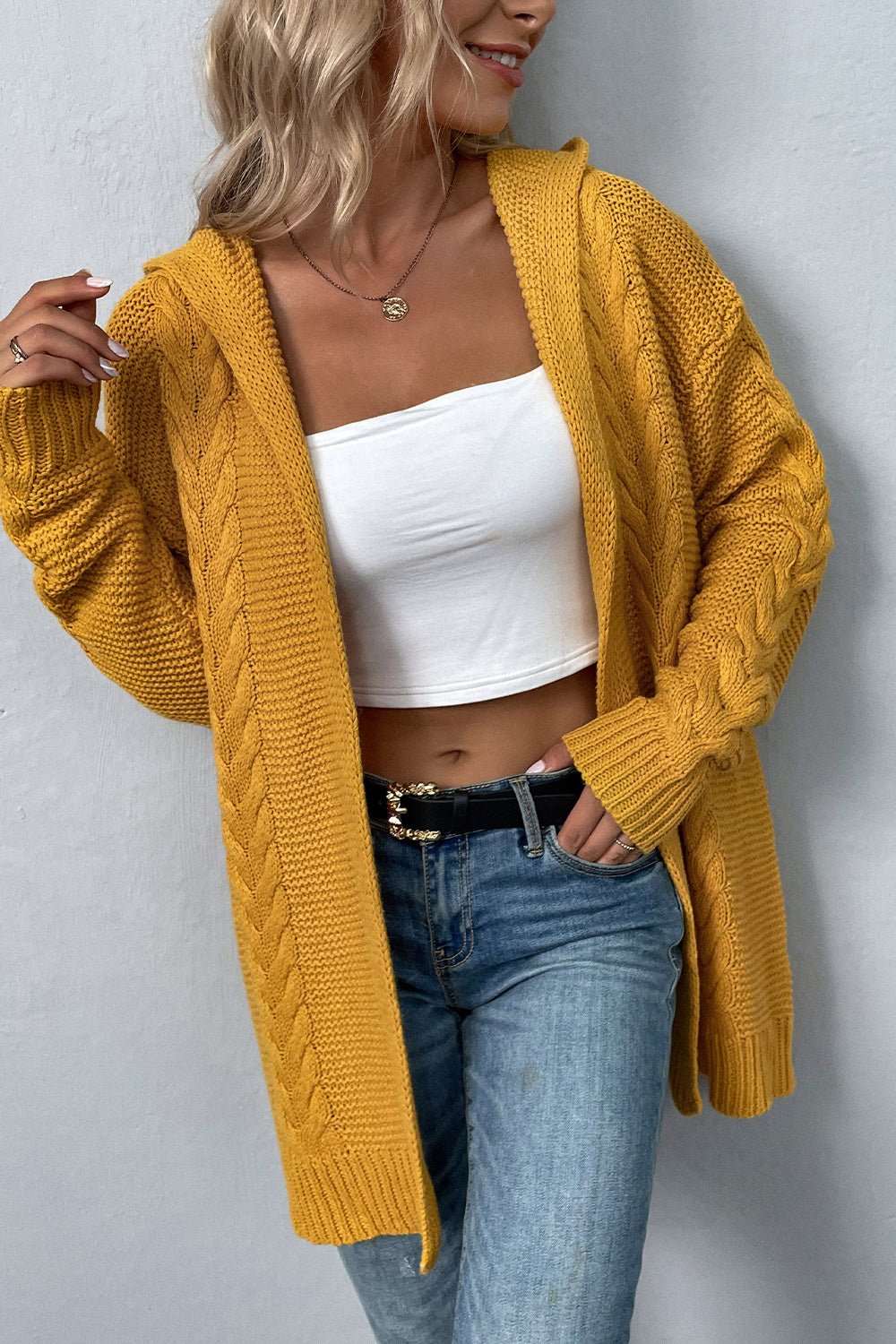 Cable - Knit Dropped Shoulder Hooded Cardigan - Loulou Boutique