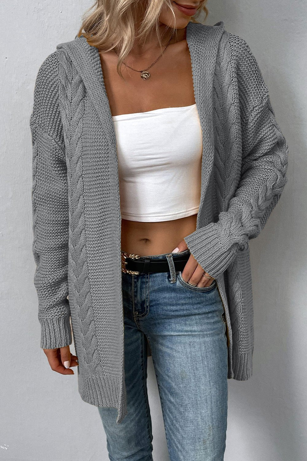 Cable - Knit Dropped Shoulder Hooded Cardigan - Loulou Boutique