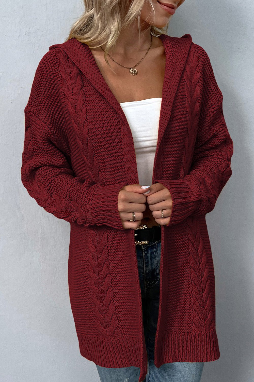 Cable - Knit Dropped Shoulder Hooded Cardigan - Loulou Boutique