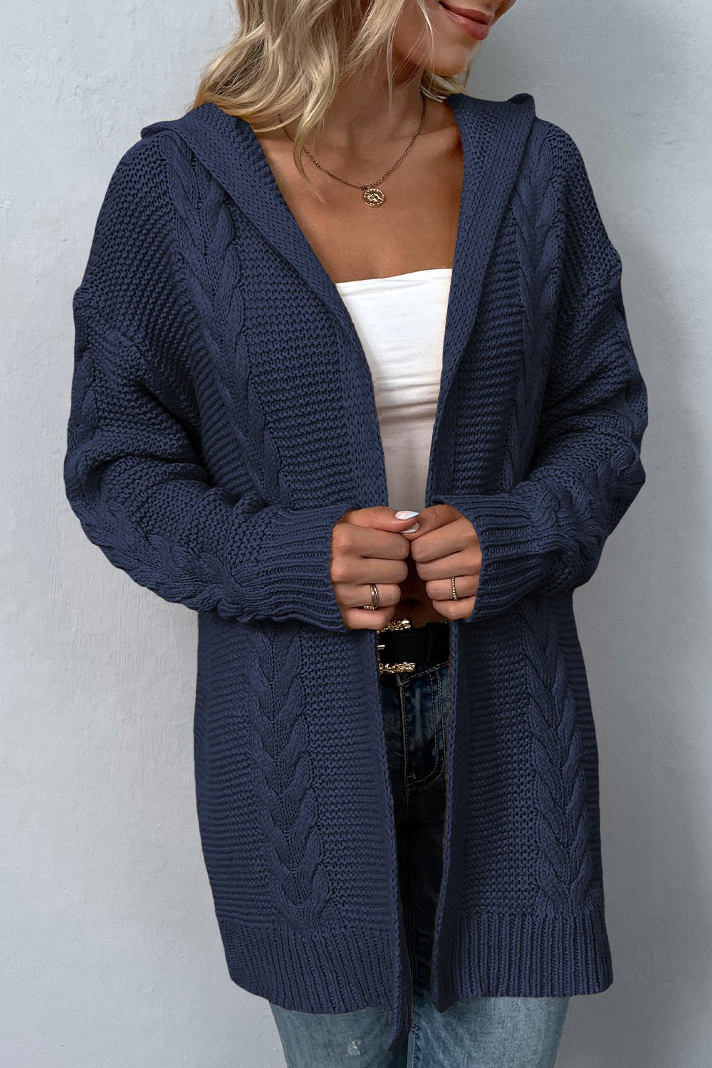 Cable - Knit Dropped Shoulder Hooded Cardigan - Loulou Boutique