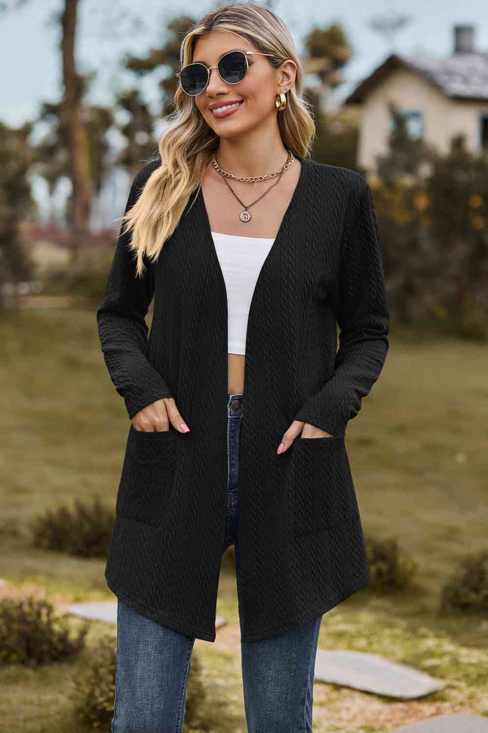 Cable - Knit Long Sleeve Cardigan with Pocket - Loulou Boutique