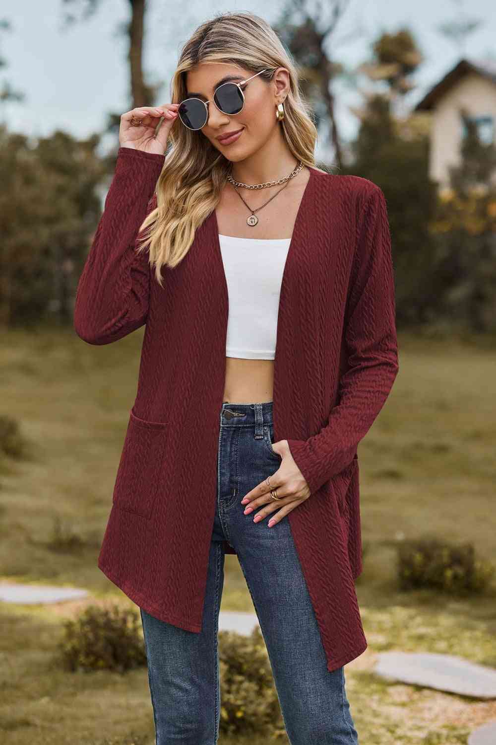 Cable - Knit Long Sleeve Cardigan with Pocket - Loulou Boutique