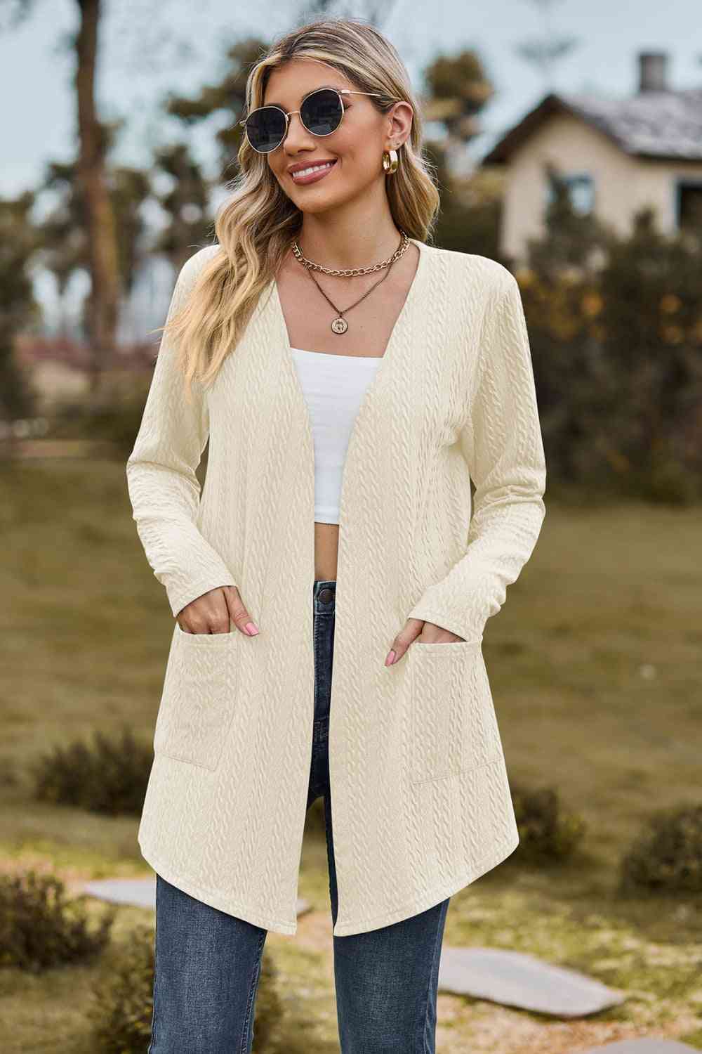 Cable - Knit Long Sleeve Cardigan with Pocket - Loulou Boutique
