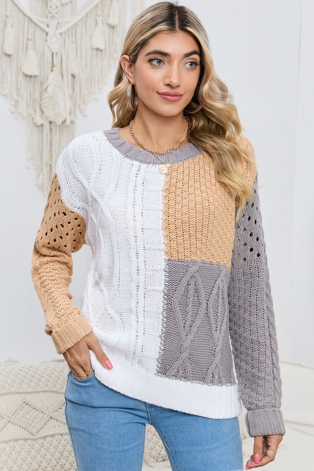 Cable - Knit Openwork Round Neck Color Block Sweater - Loulou Boutique