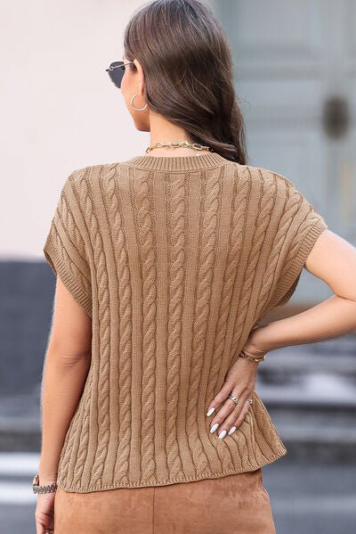 Cable - Knit Round Neck Cap Sleeve Sweater - Loulou Boutique