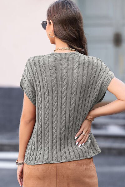Cable - Knit Round Neck Cap Sleeve Sweater - Loulou Boutique