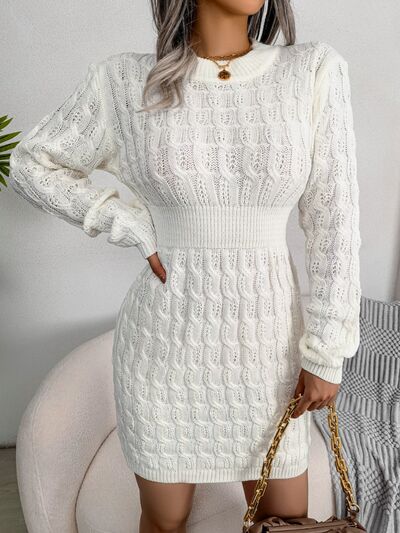 Cable - Knit Round Neck Mini Wrap Sweater Dress - Loulou Boutique