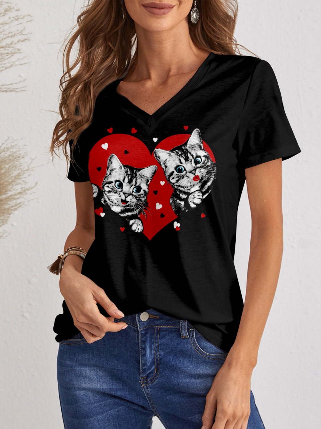 Cat V - Neck Short Sleeve T-Shirt - Loulou Boutique