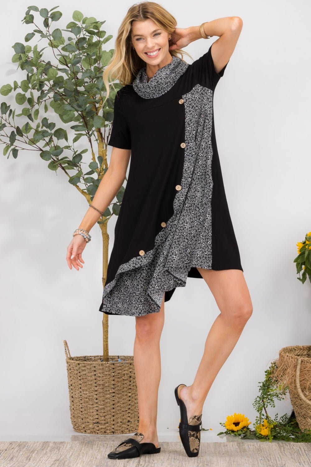 Celeste Full Size Decor Button Short Sleeve Dress with Pockets - Loulou Boutique