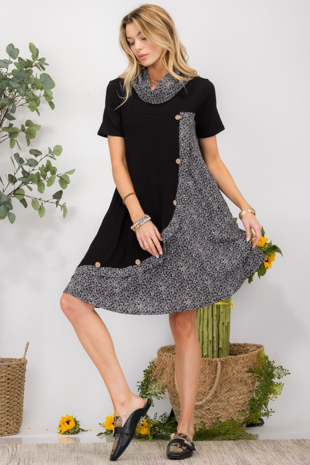 Celeste Full Size Decor Button Short Sleeve Dress with Pockets - Loulou Boutique