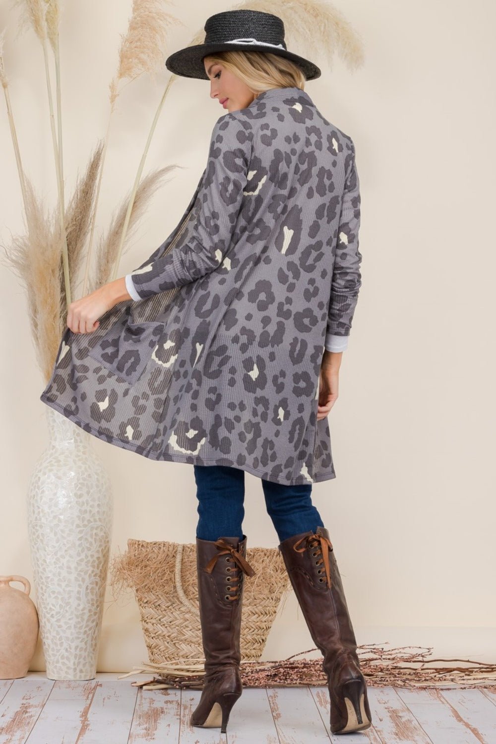Celeste Full Size Leopard Open Front Contrast Cardigan - Loulou Boutique