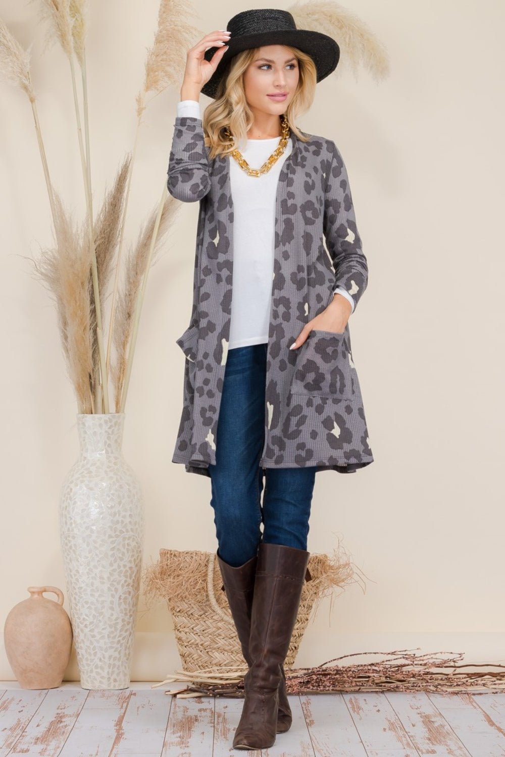Celeste Full Size Leopard Open Front Contrast Cardigan - Loulou Boutique