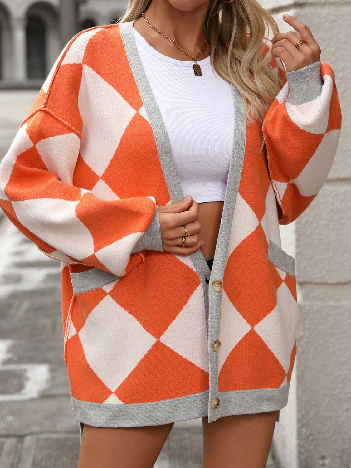 Checkered Dropped Shoulder Long Sleeve Cardigan - Loulou Boutique