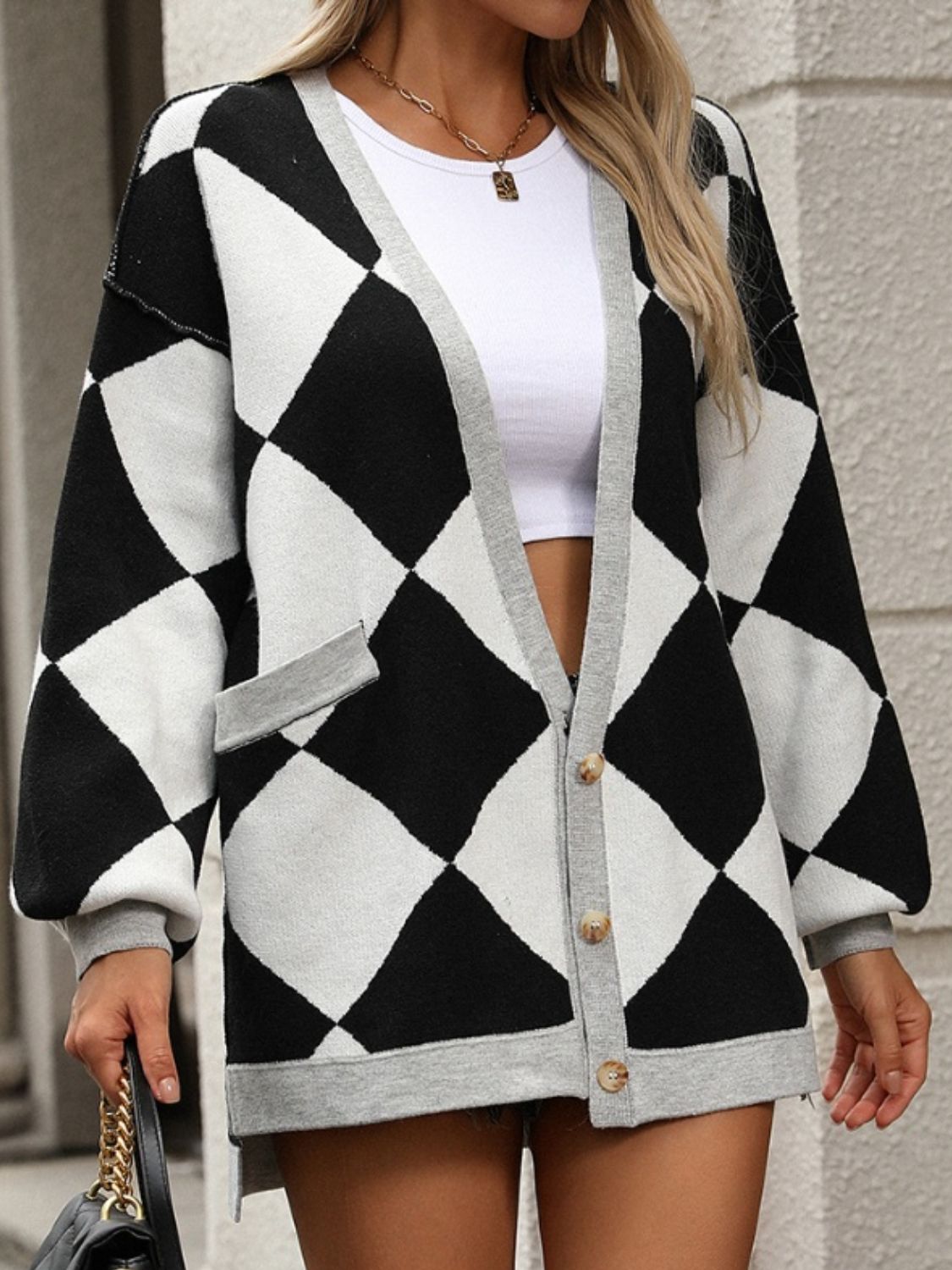 Checkered Dropped Shoulder Long Sleeve Cardigan - Loulou Boutique