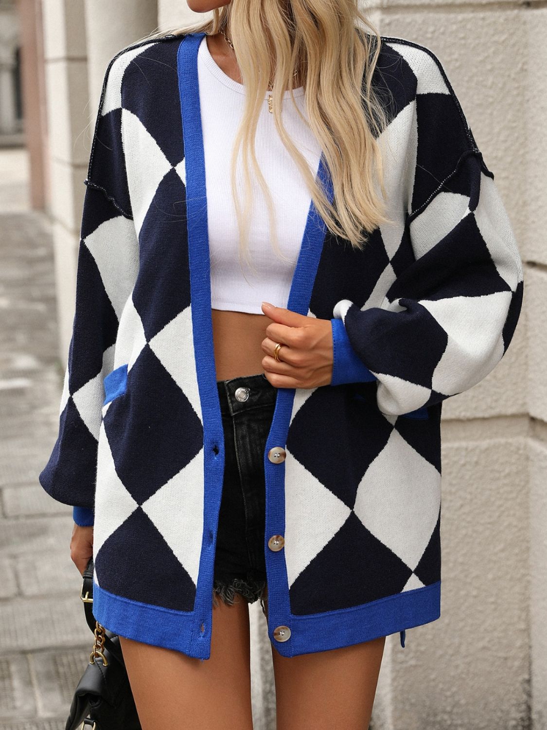 Checkered Dropped Shoulder Long Sleeve Cardigan - Loulou Boutique