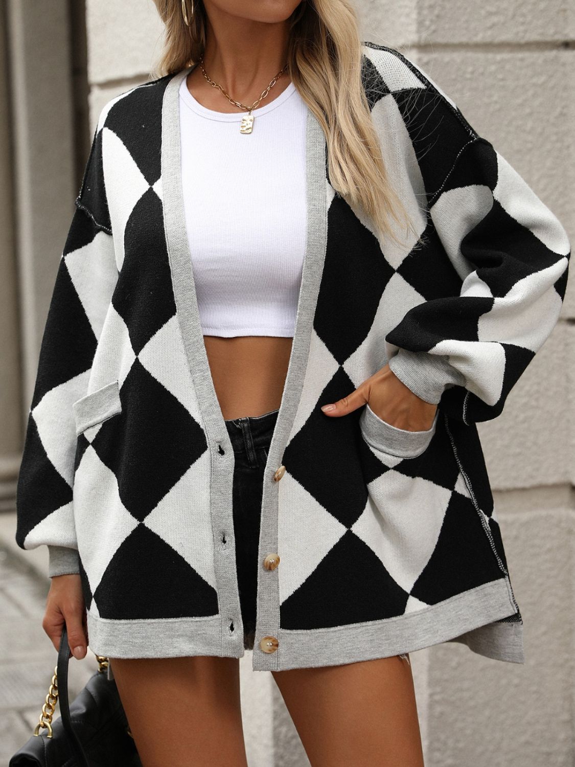 Checkered Dropped Shoulder Long Sleeve Cardigan - Loulou Boutique