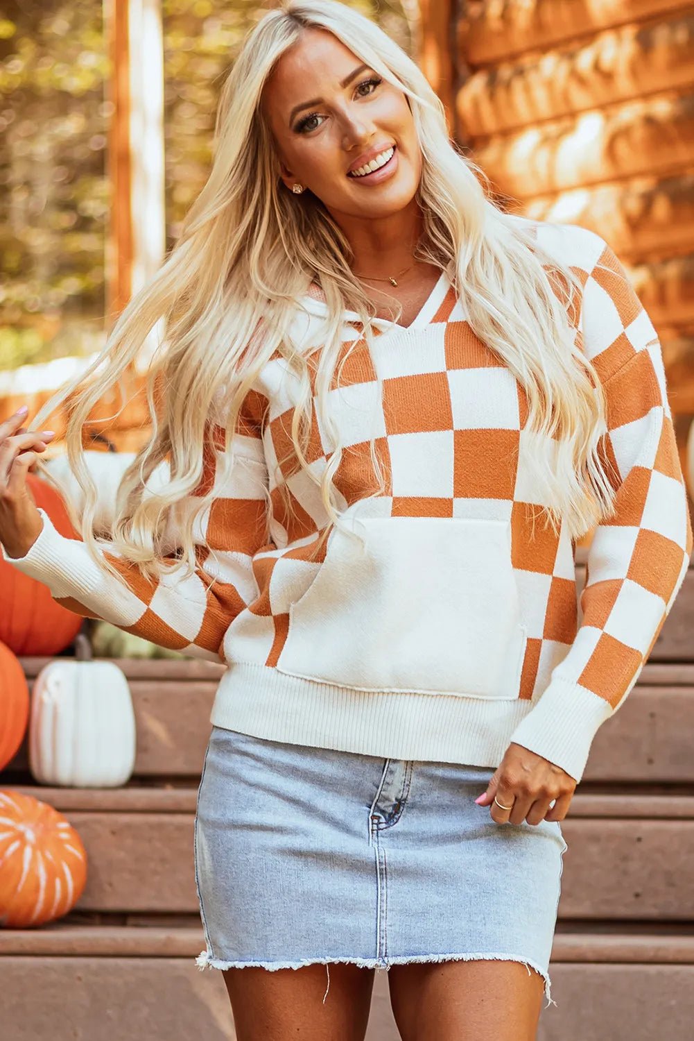 Checkered Long Sleeve Hooded Sweater - Loulou Boutique