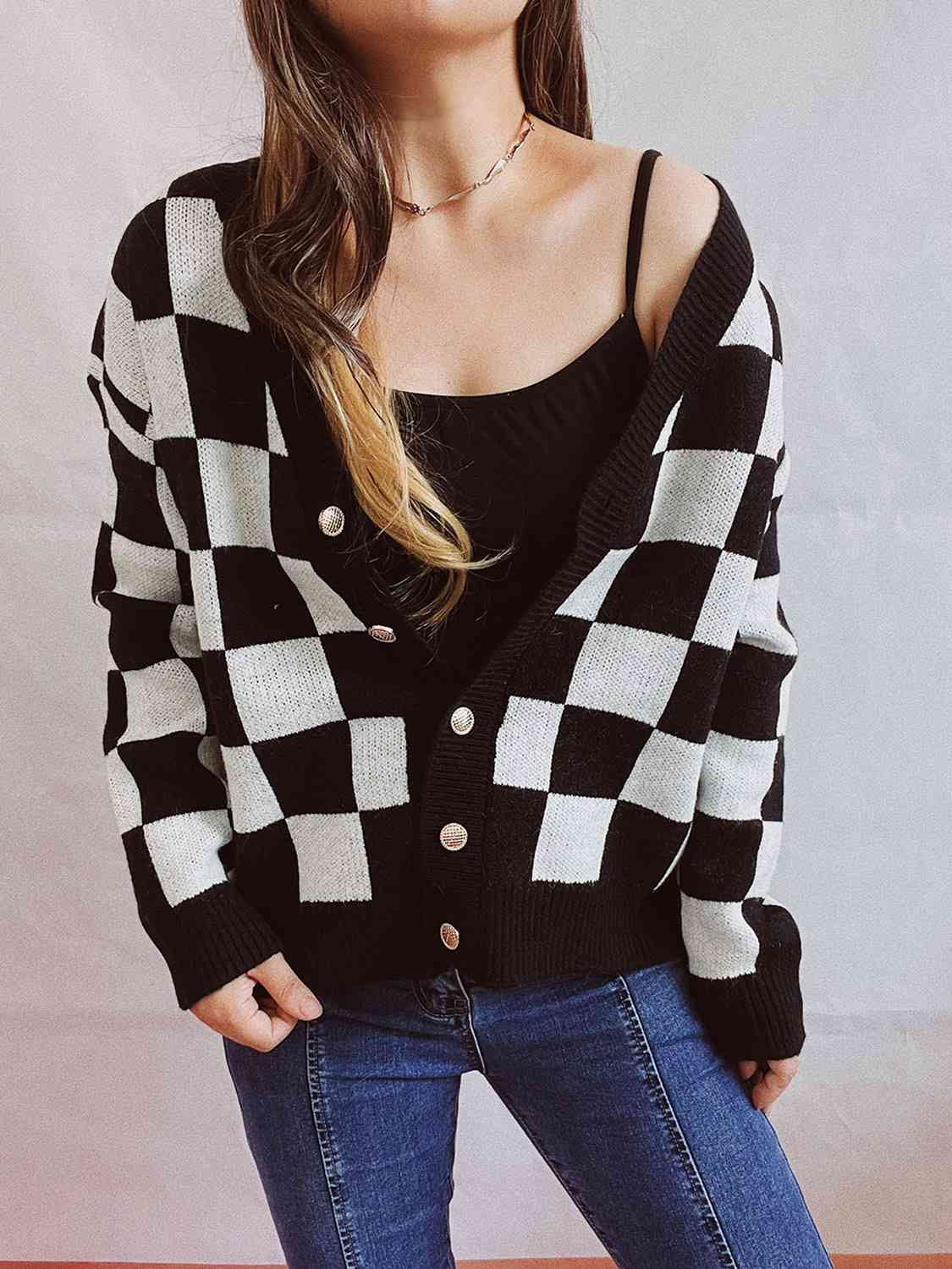 Checkered Open Front Button Up Cardigan - Loulou Boutique