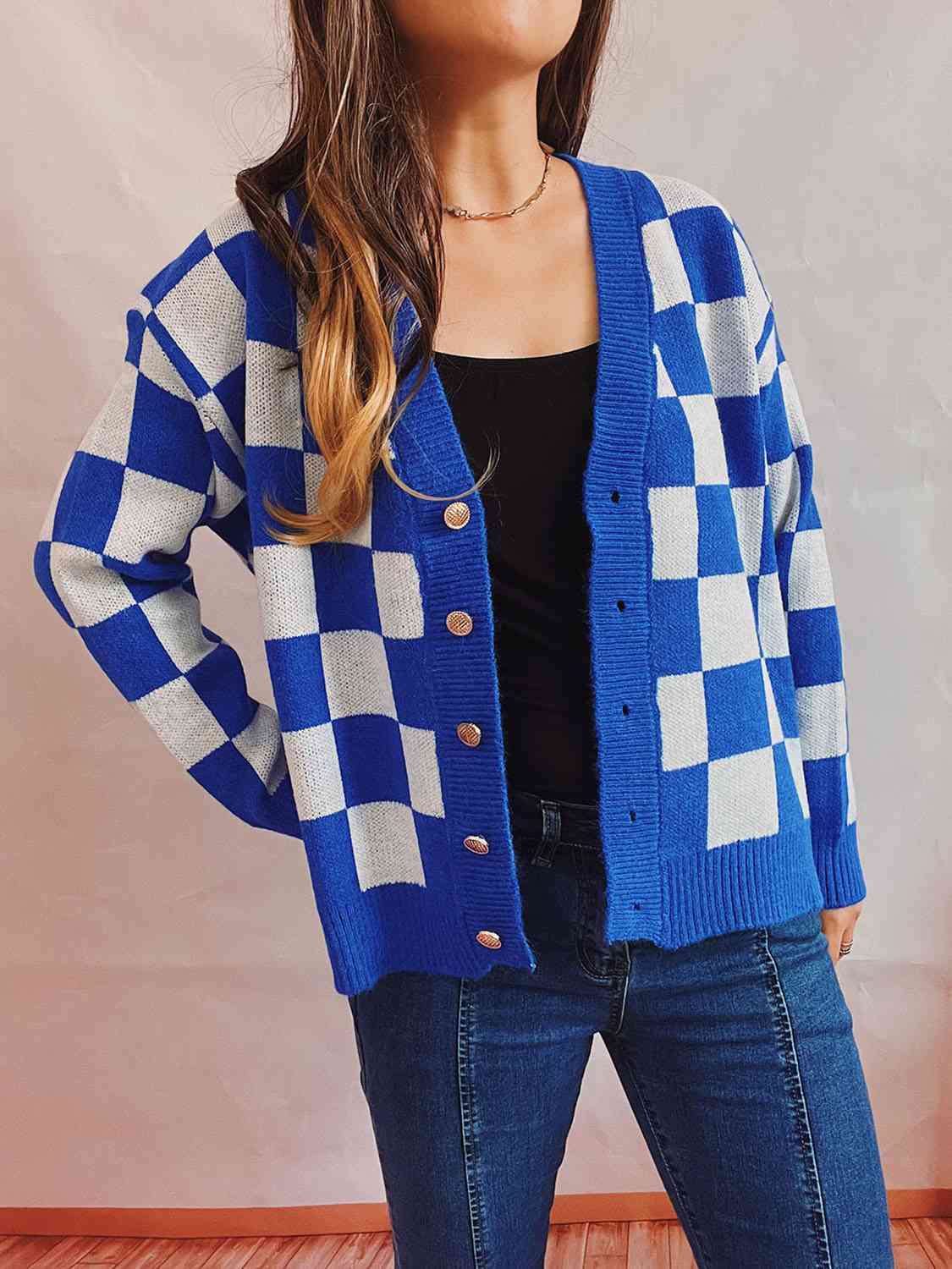 Checkered Open Front Button Up Cardigan - Loulou Boutique
