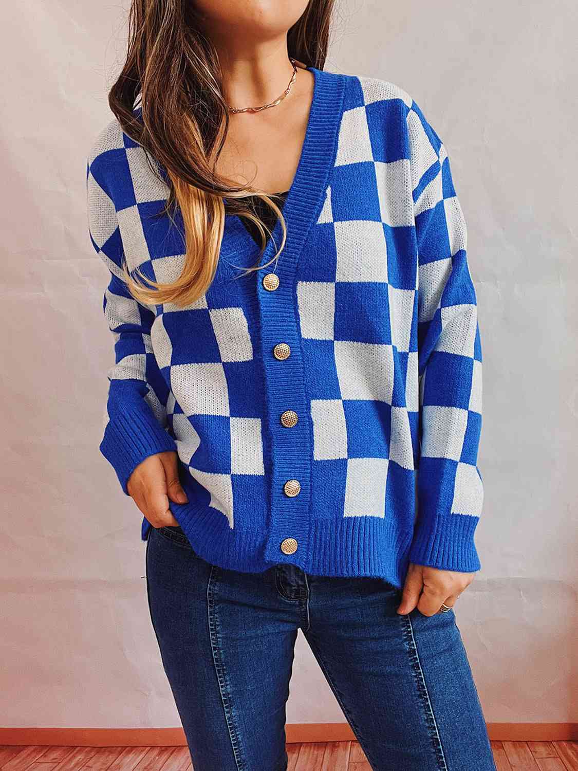 Checkered Open Front Button Up Cardigan - Loulou Boutique