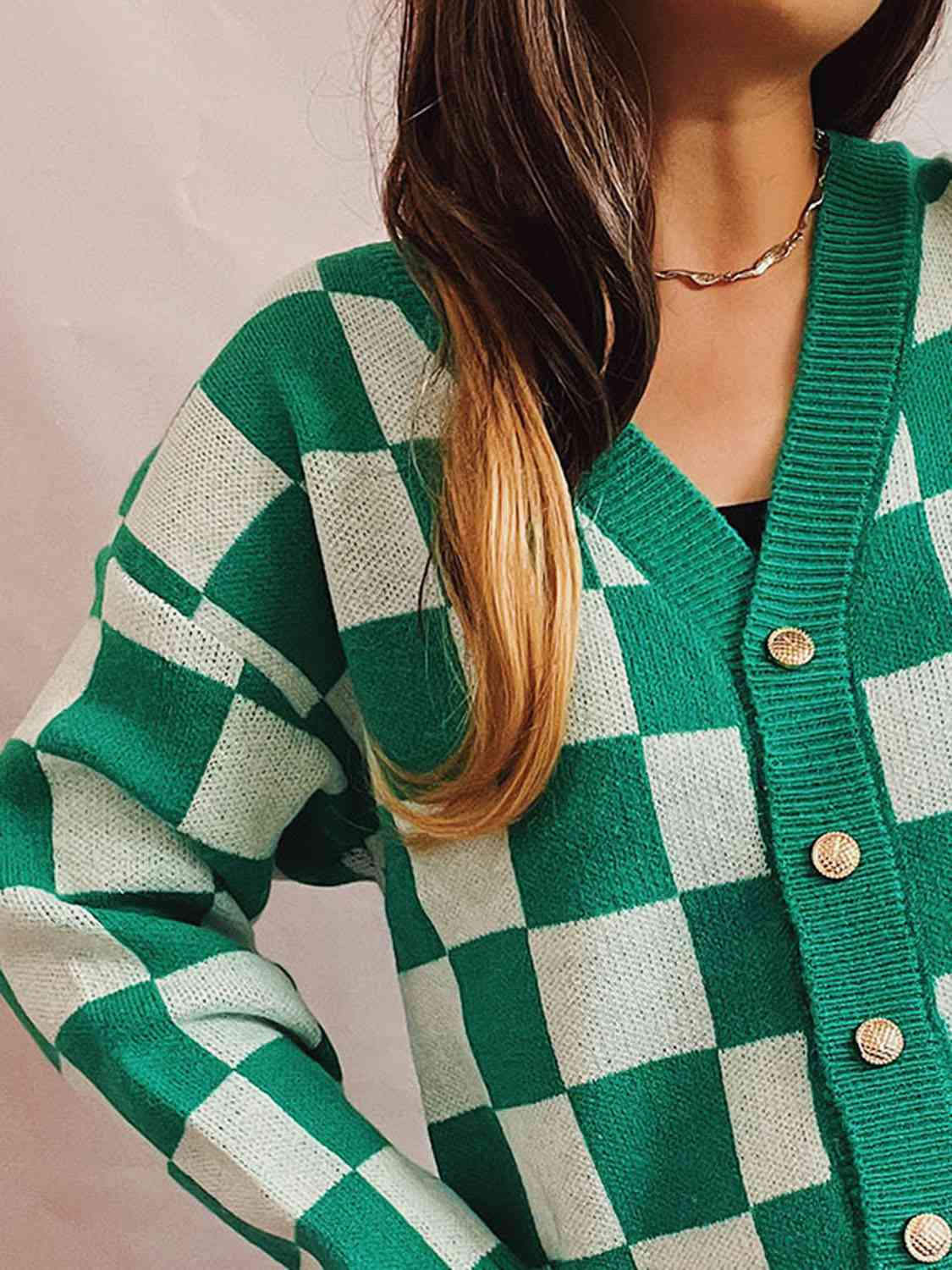 Checkered Open Front Button Up Cardigan - Loulou Boutique