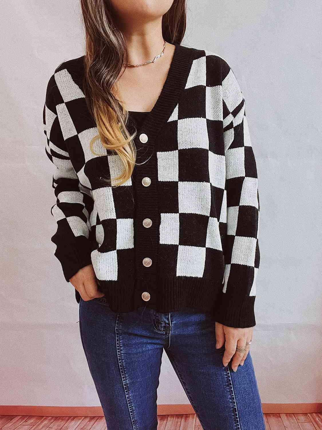 Checkered Open Front Button Up Cardigan - Loulou Boutique