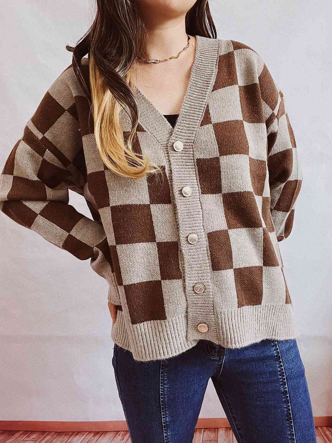 Checkered Open Front Button Up Cardigan - Loulou Boutique