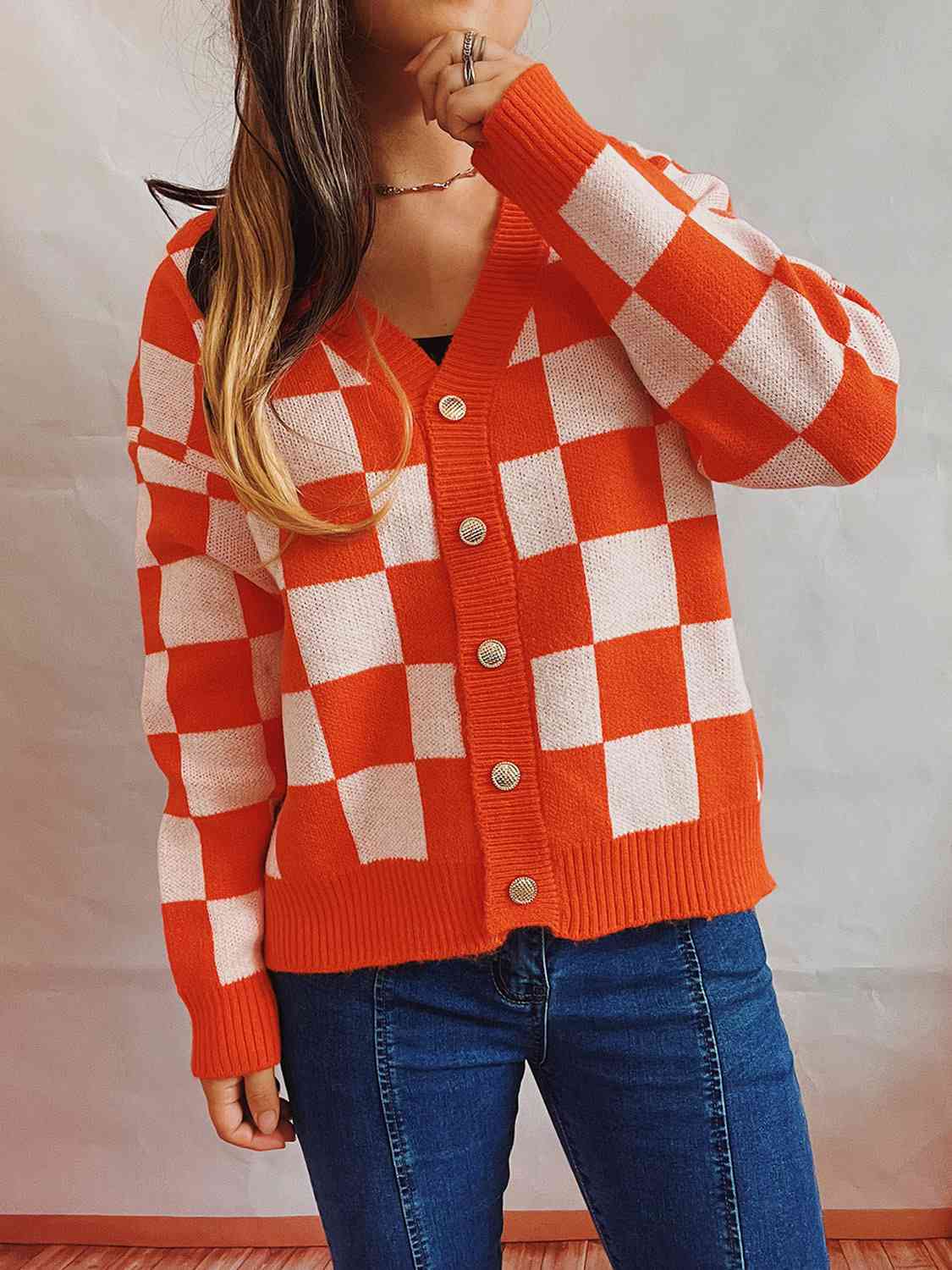 Checkered Open Front Button Up Cardigan - Loulou Boutique