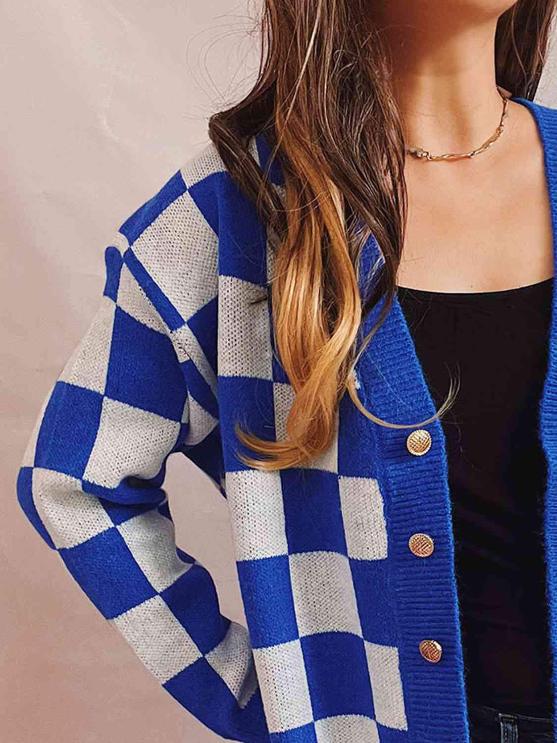 Checkered Open Front Button Up Cardigan - Loulou Boutique
