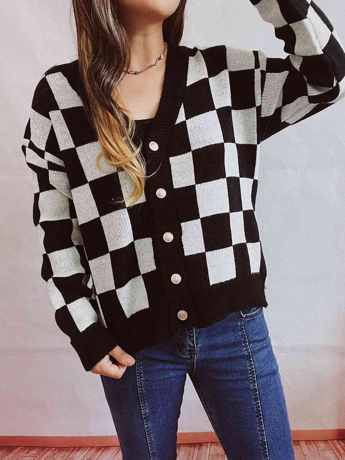 Checkered Open Front Button Up Cardigan - Loulou Boutique