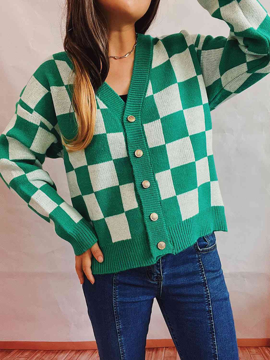 Checkered Open Front Button Up Cardigan - Loulou Boutique