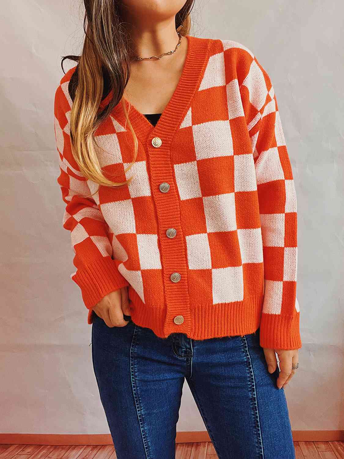 Checkered Open Front Button Up Cardigan - Loulou Boutique