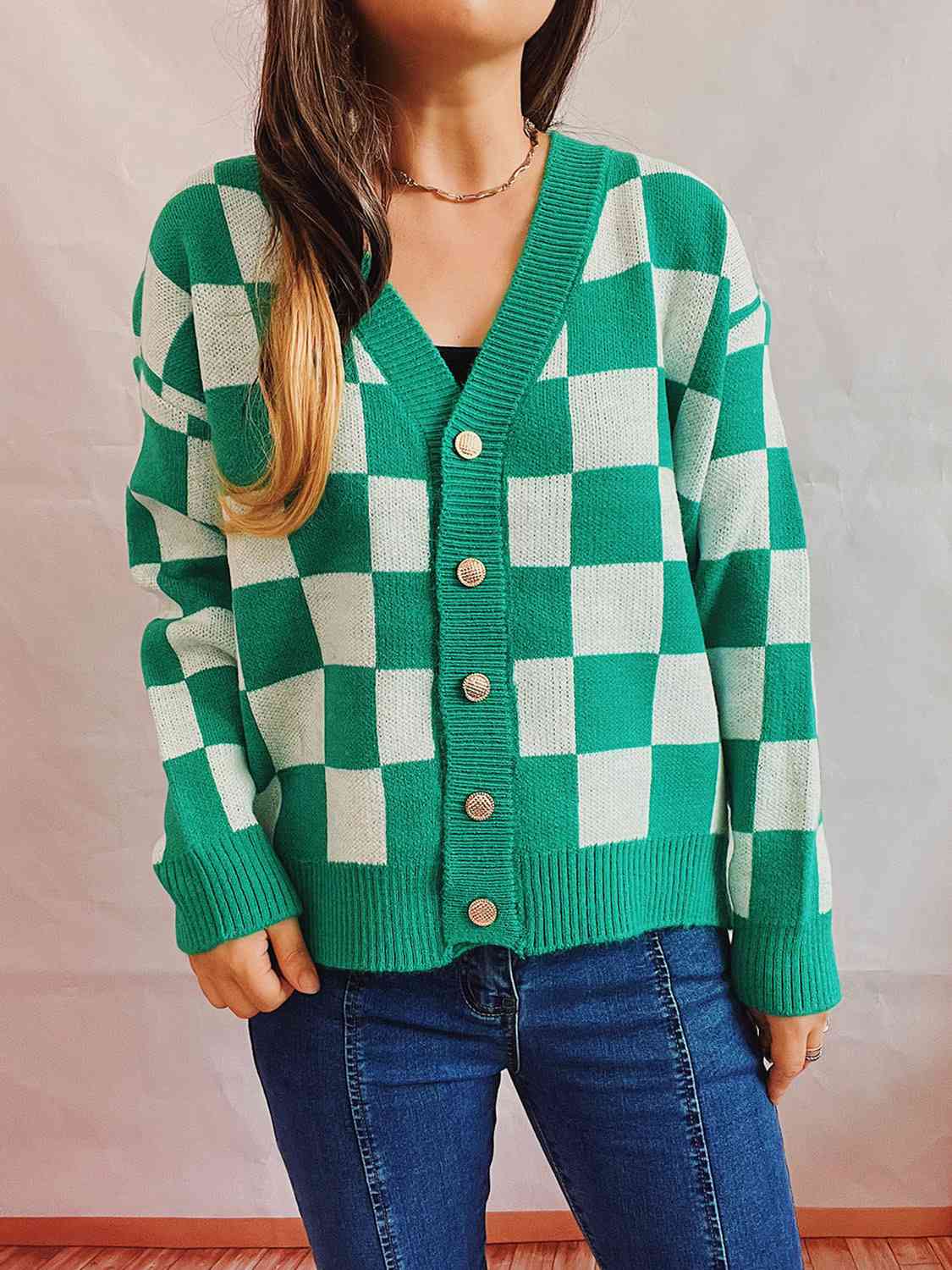 Checkered Open Front Button Up Cardigan - Loulou Boutique