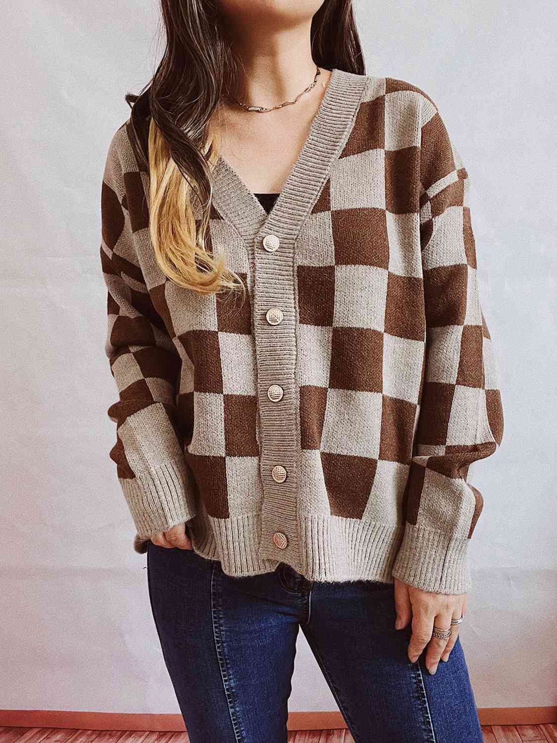 Checkered Open Front Button Up Cardigan - Loulou Boutique