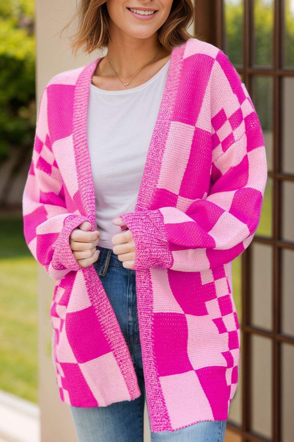 Checkered Open Front Long Sleeve Cardigan - Loulou Boutique