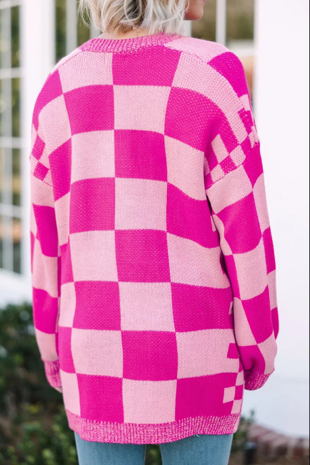 Checkered Open Front Long Sleeve Cardigan - Loulou Boutique
