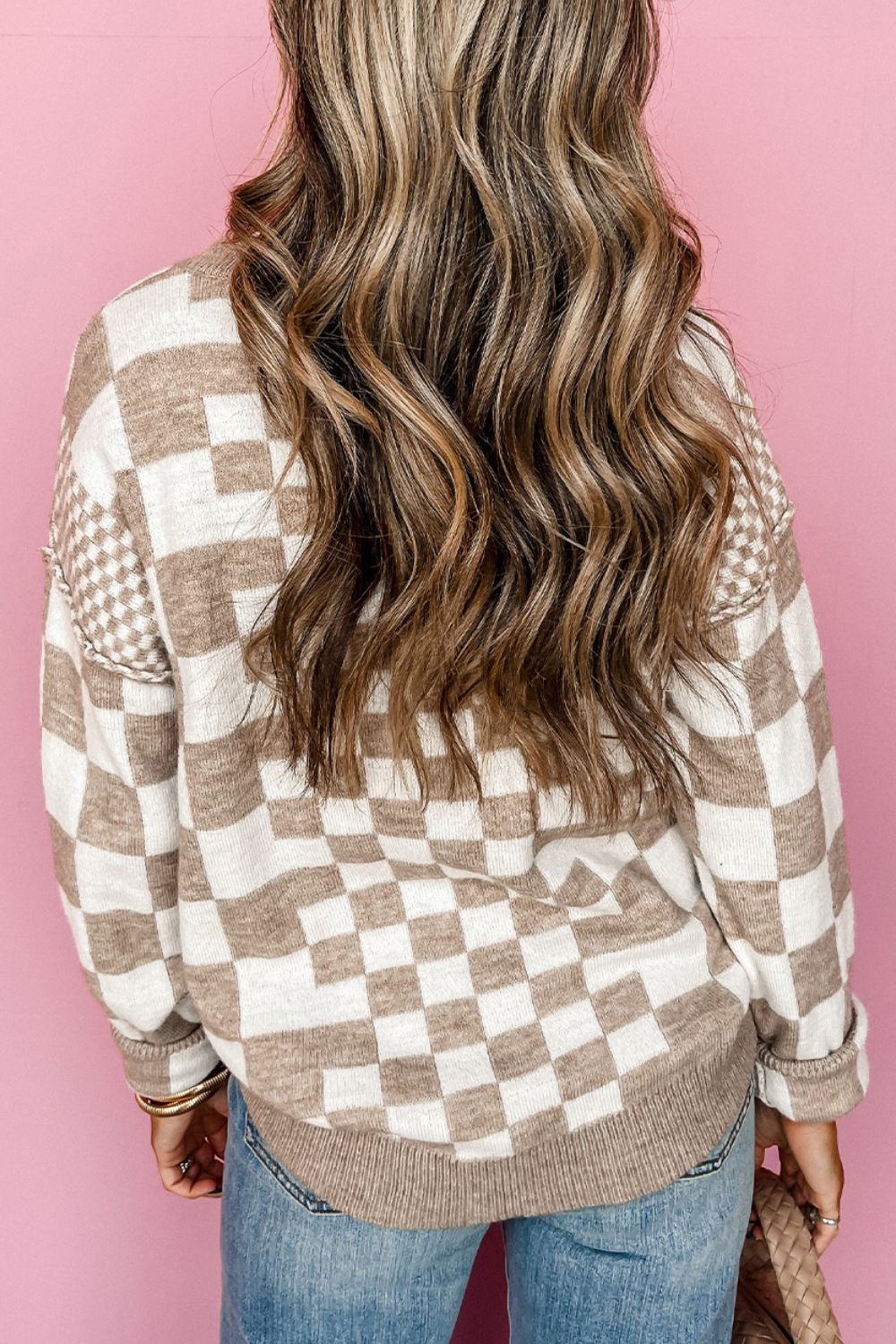 Checkered Round Neck Long Sleeve Sweater - Loulou Boutique