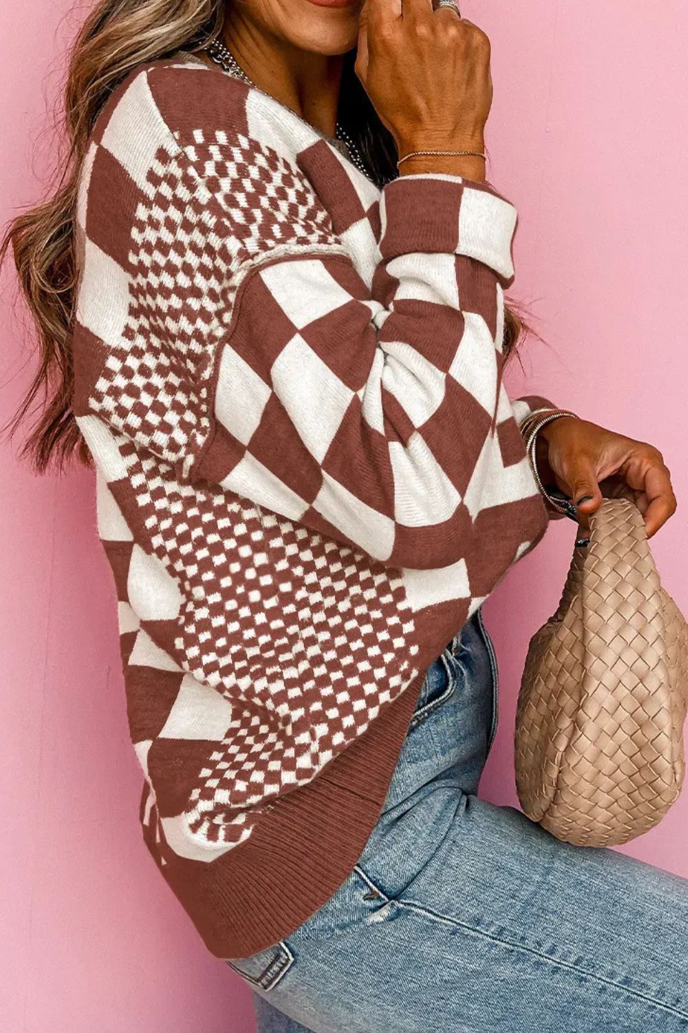 Checkered Round Neck Long Sleeve Sweater - Loulou Boutique