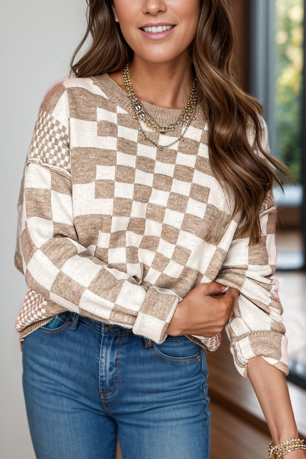 Checkered Round Neck Long Sleeve Sweater - Loulou Boutique