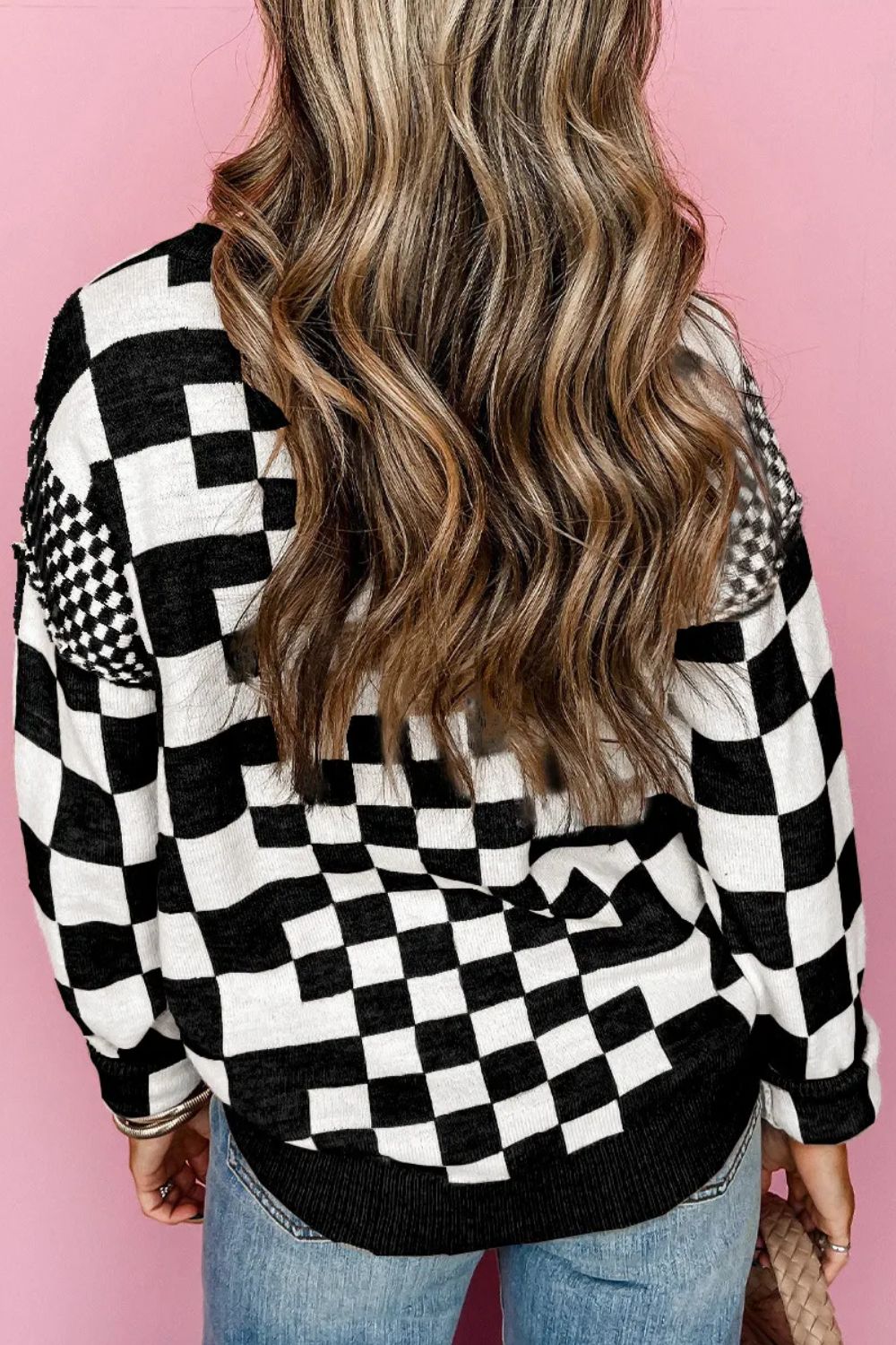 Checkered Round Neck Long Sleeve Sweater - Loulou Boutique