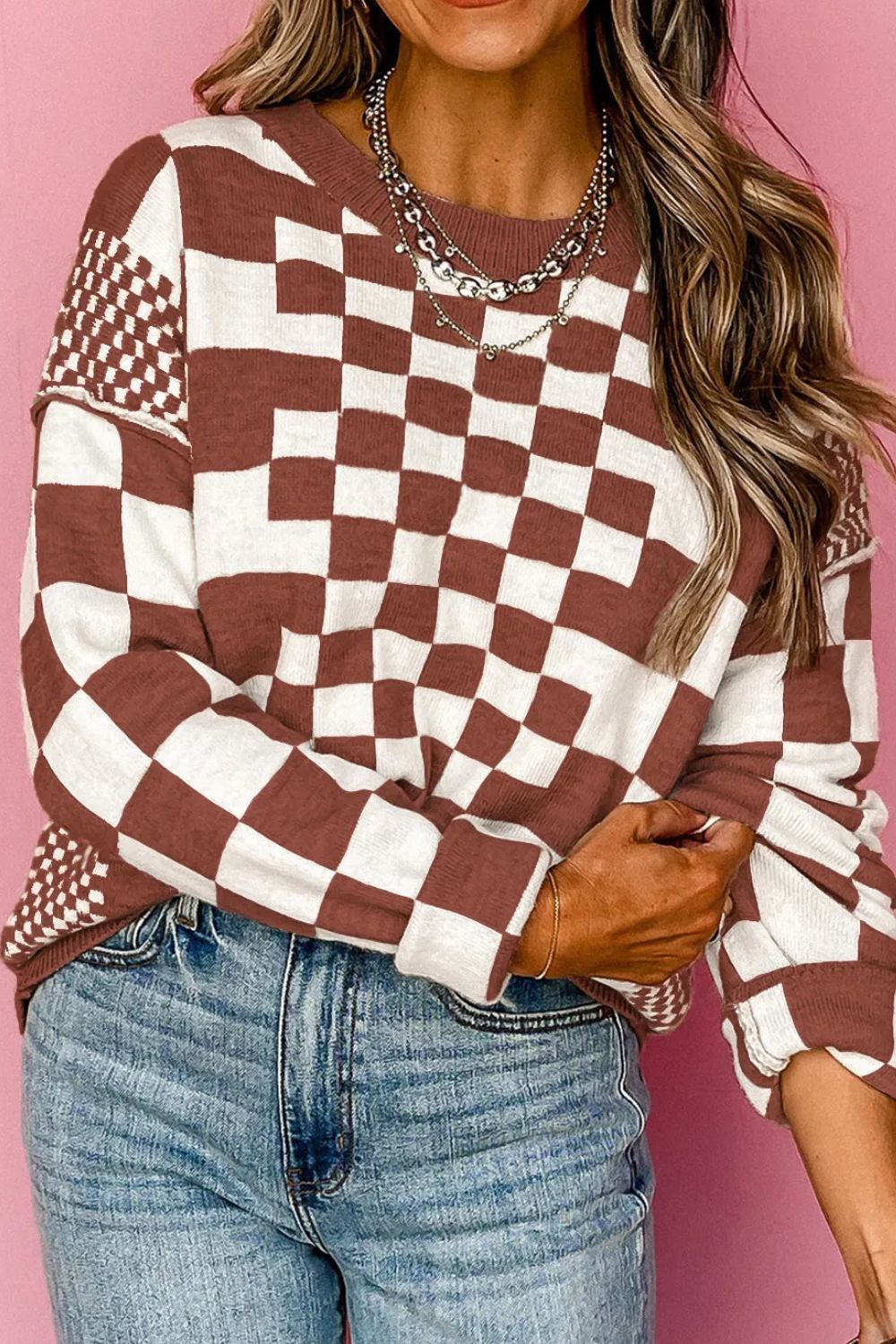 Checkered Round Neck Long Sleeve Sweater - Loulou Boutique