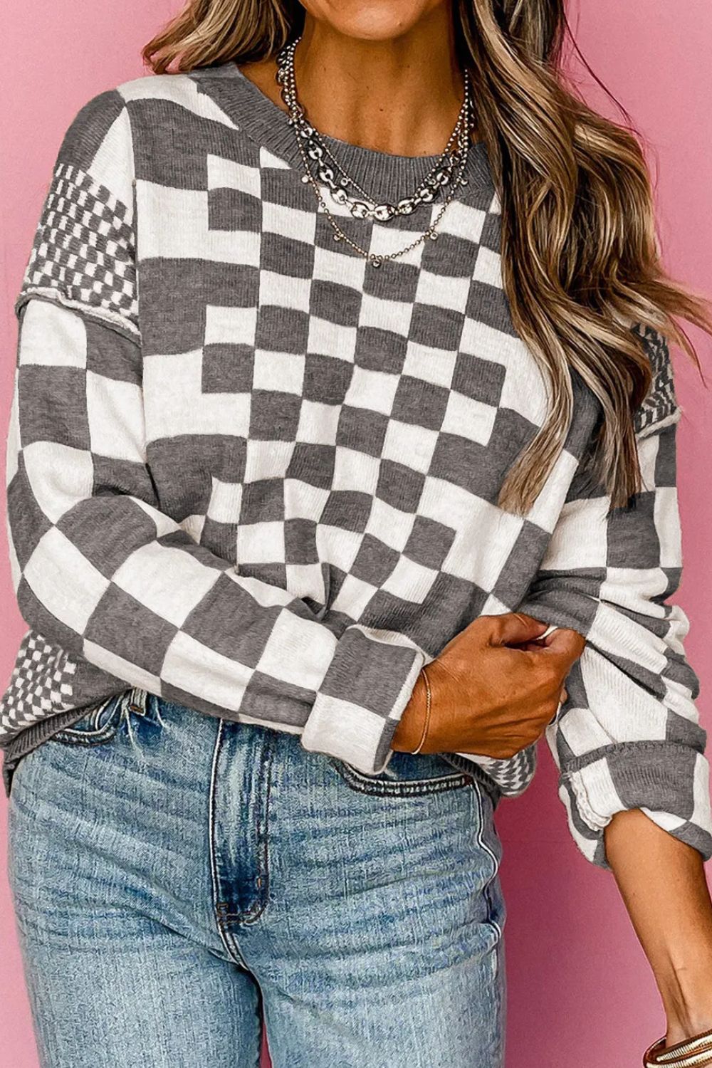 Checkered Round Neck Long Sleeve Sweater - Loulou Boutique