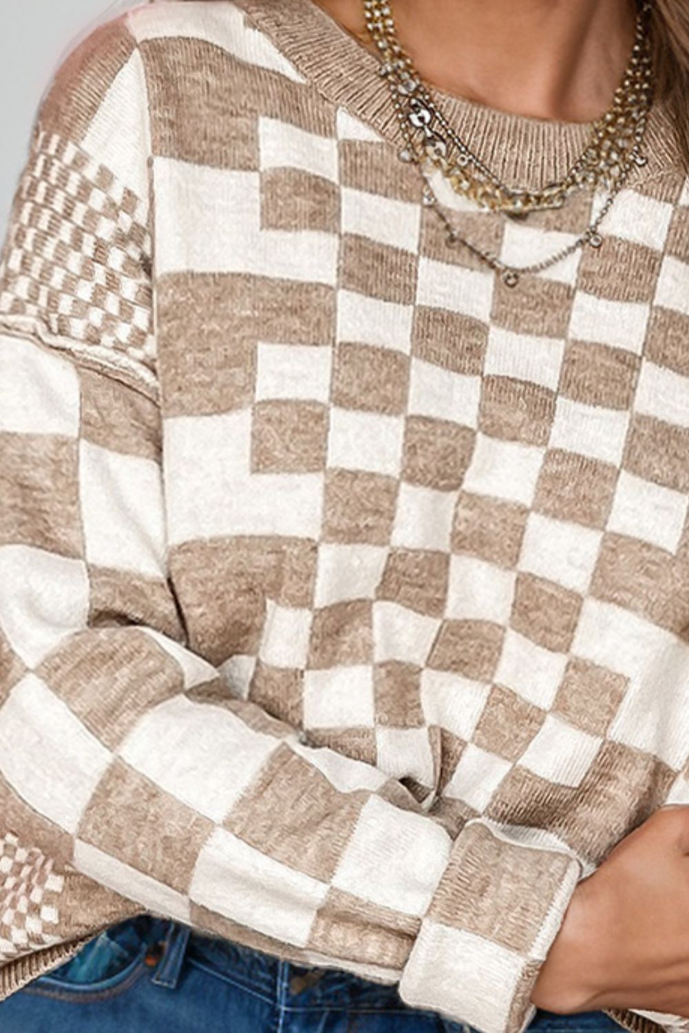 Checkered Round Neck Long Sleeve Sweater - Loulou Boutique