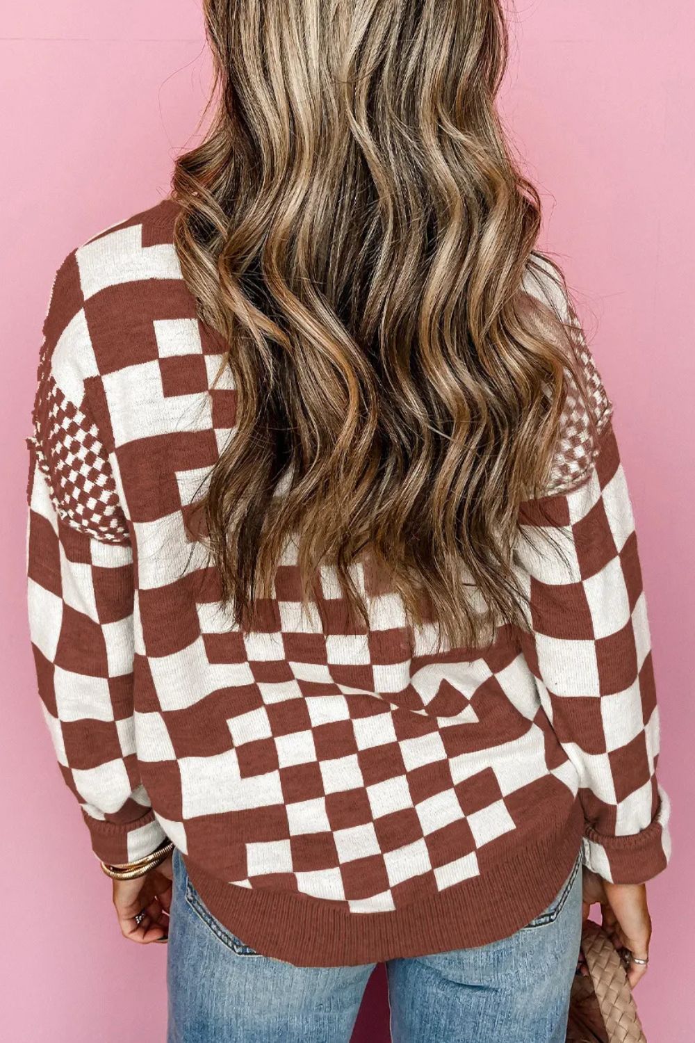 Checkered Round Neck Long Sleeve Sweater - Loulou Boutique