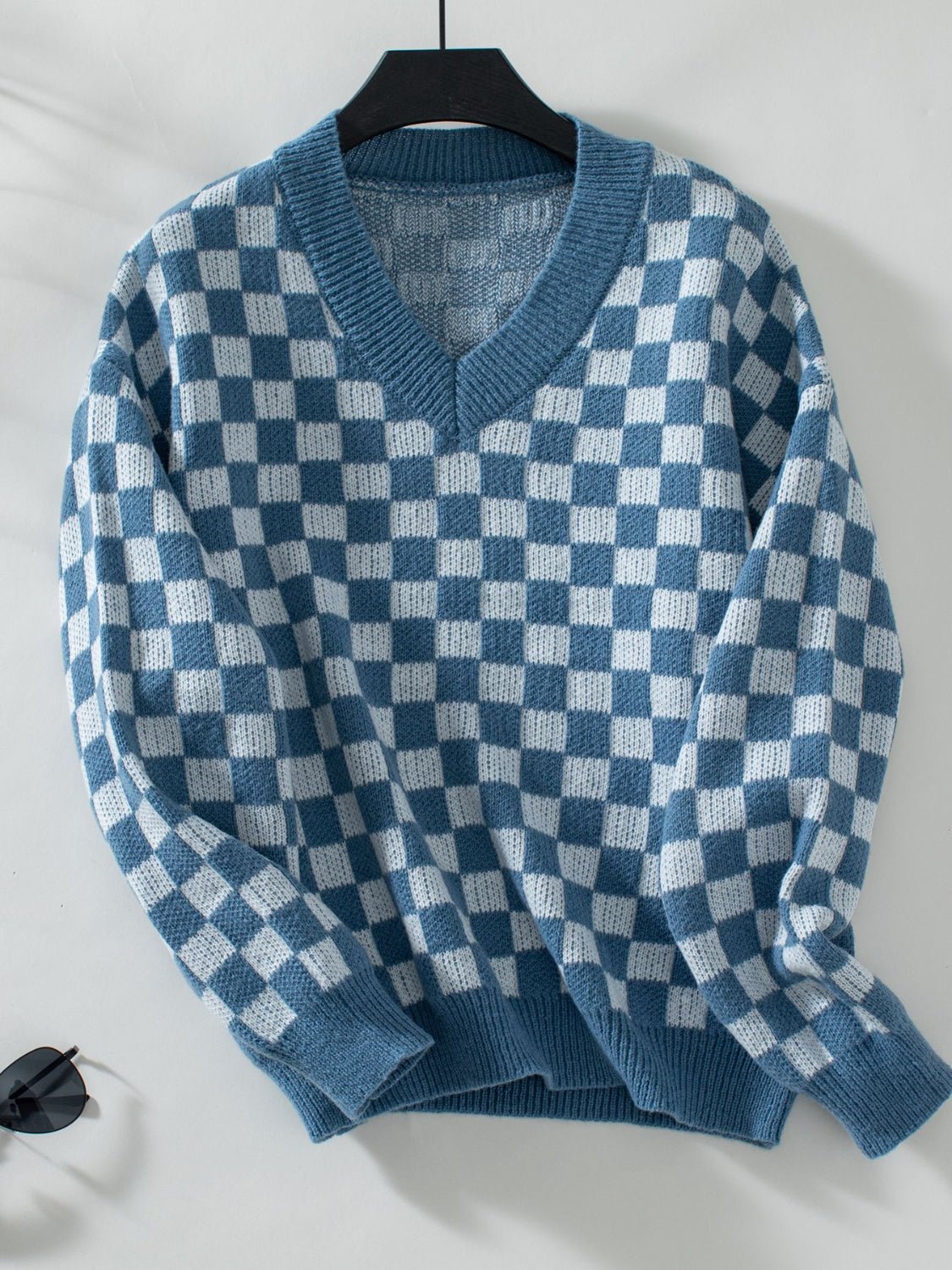 Checkered V - Neck Dropped Shoulder Sweater - Loulou Boutique