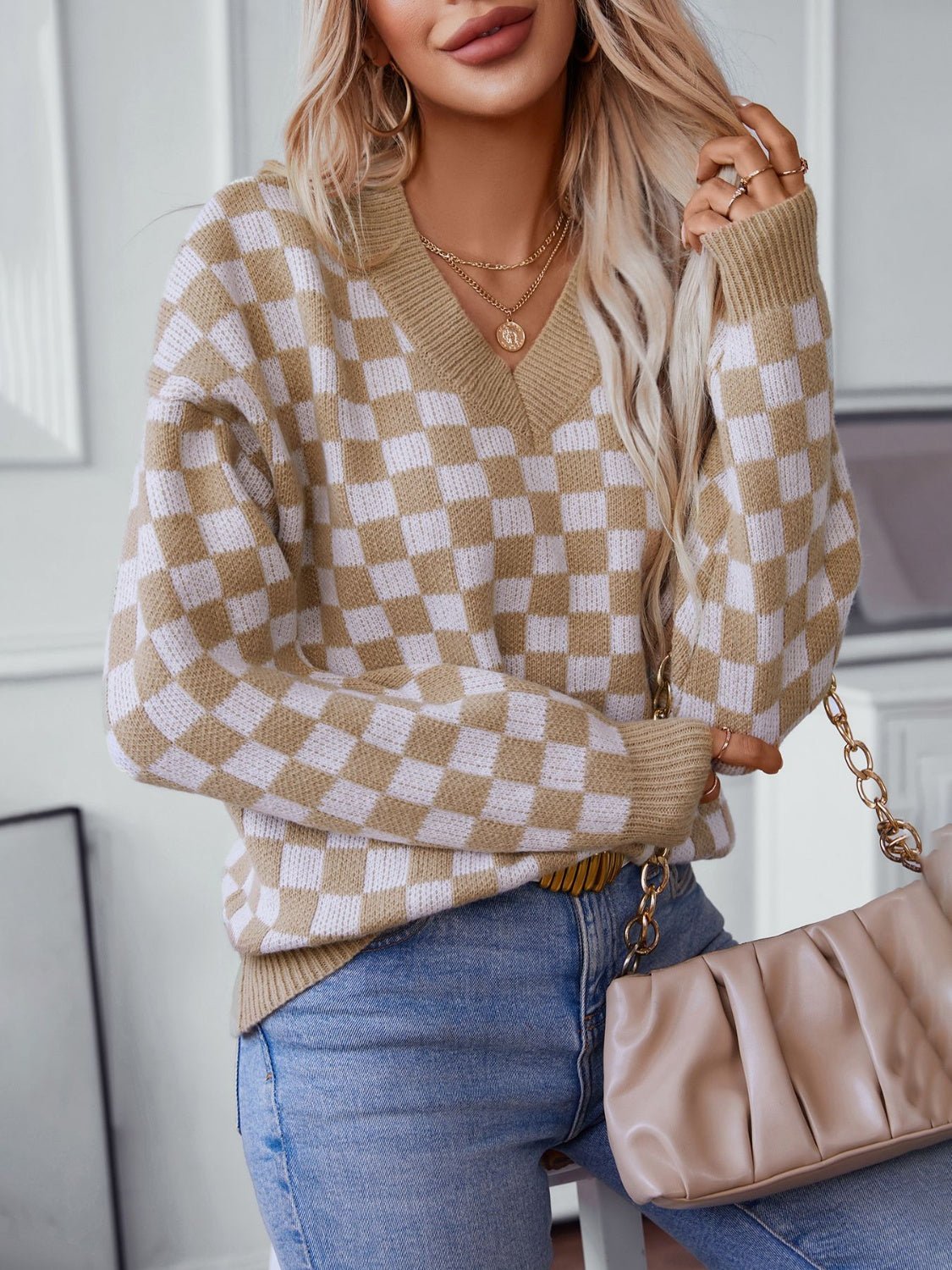 Checkered V - Neck Dropped Shoulder Sweater - Loulou Boutique
