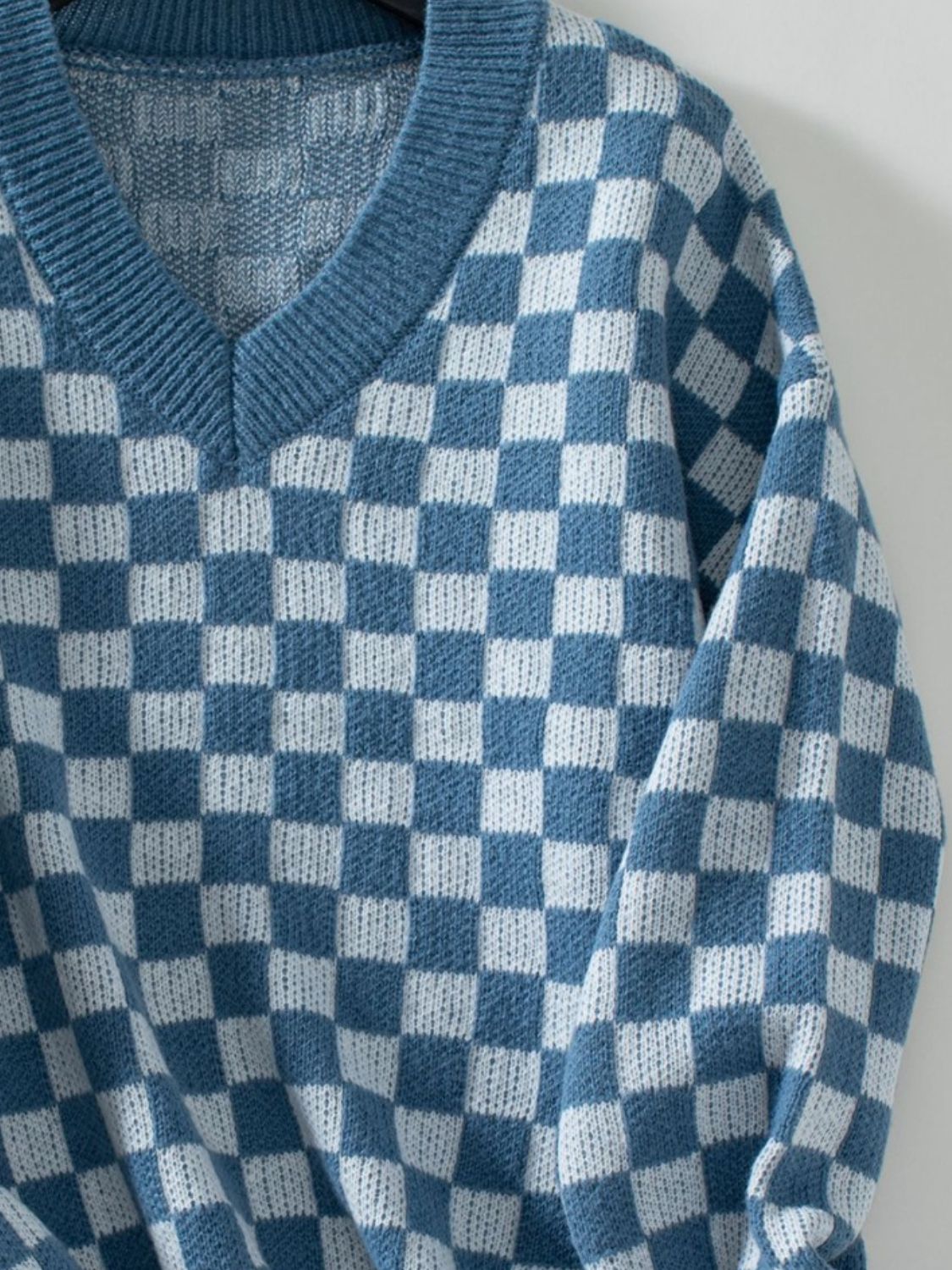 Checkered V - Neck Dropped Shoulder Sweater - Loulou Boutique